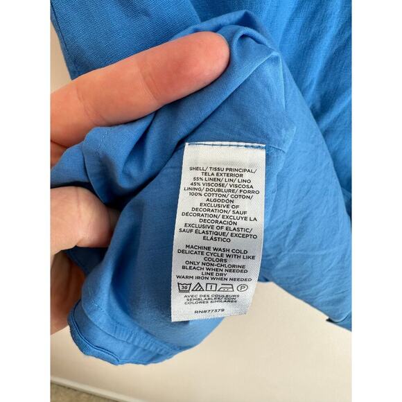 Ann Taylor Floral Embroidered Linen Blend Flare Dress Blue Stretch Classy 0P - Picture 7 of 7